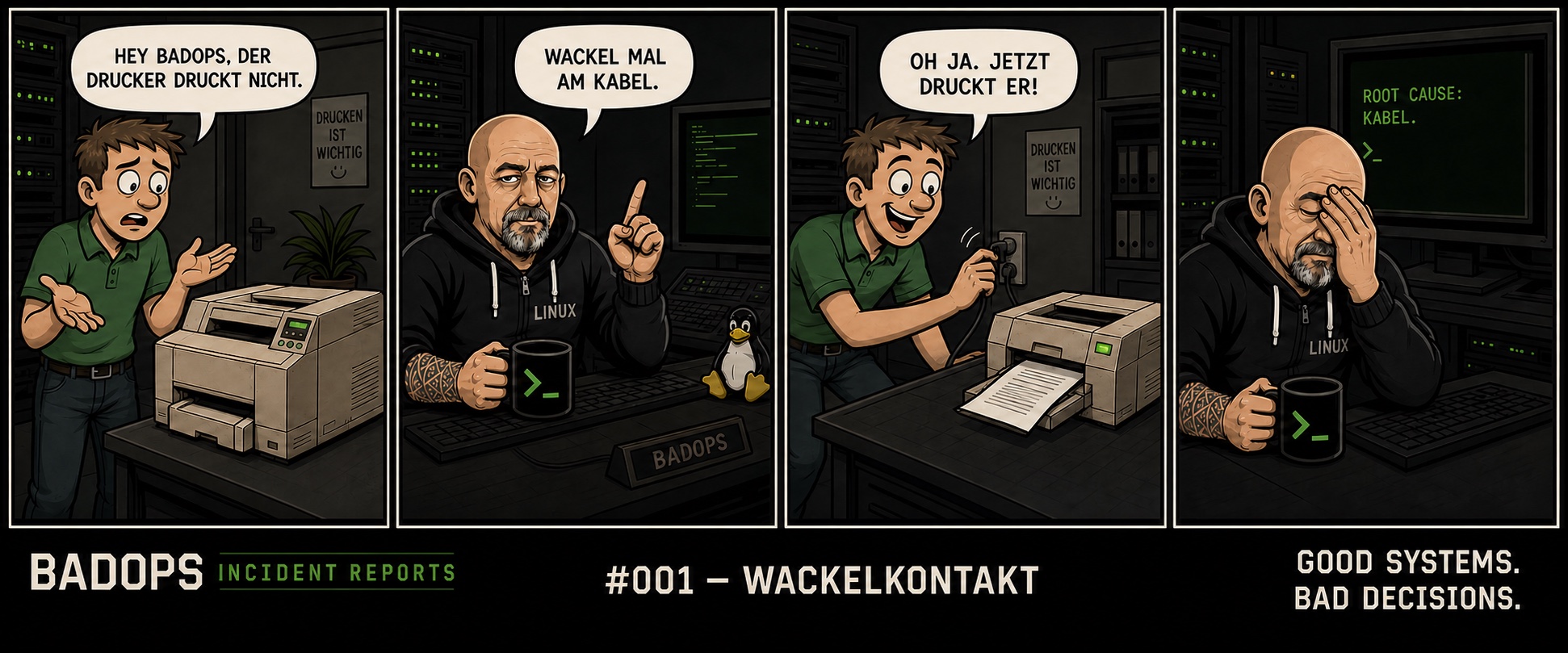 Vier Panel BADOPS Comic: Ein Benutzer wackelt am Kabel seines Druckers, danach druckt er wieder.